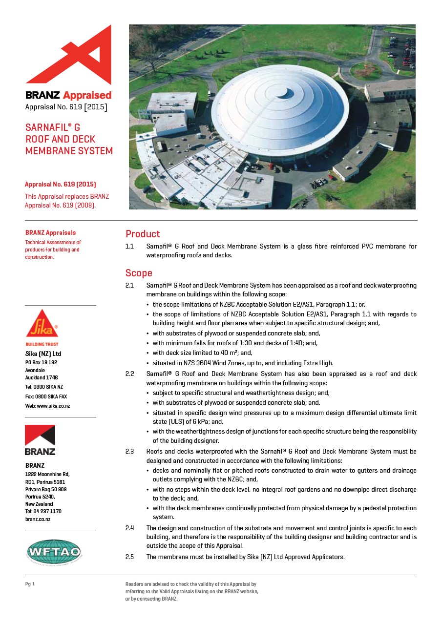 BRANZ Appraisal No. 619 - Sarnafil G Roof and Deck Membrane System