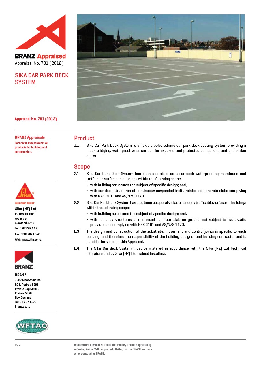 BRANZ Appraisal No. 781 - Sika Car Park Deck System